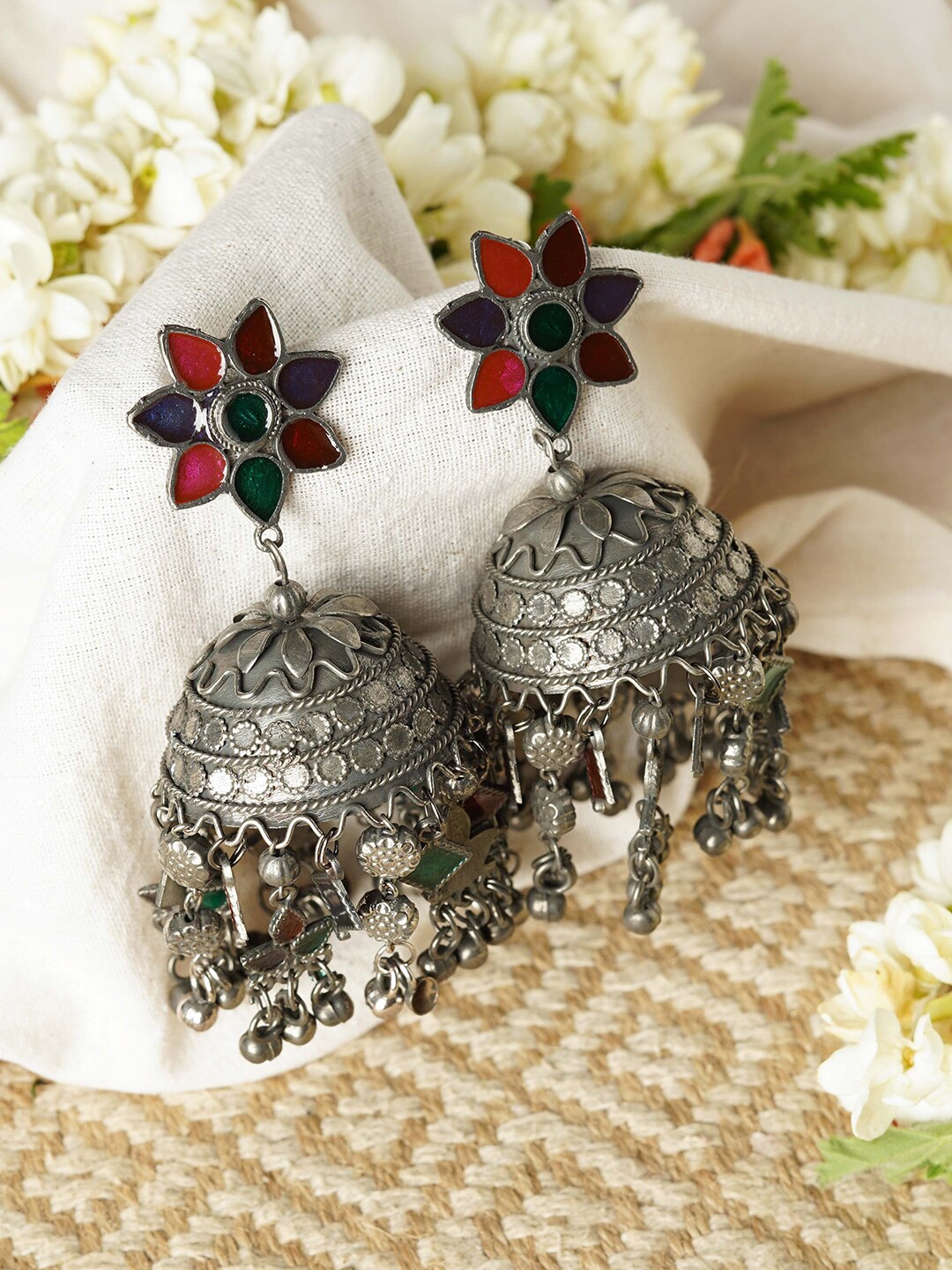 

TEEJH Silver-Plated Oxidised Jhumkas