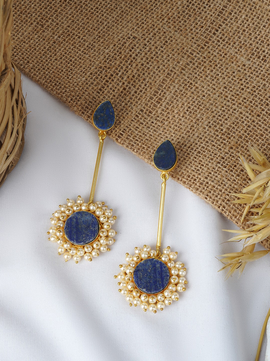 

TEEJH Gold-Plated Stone Studded & Beaded Drop Earrings