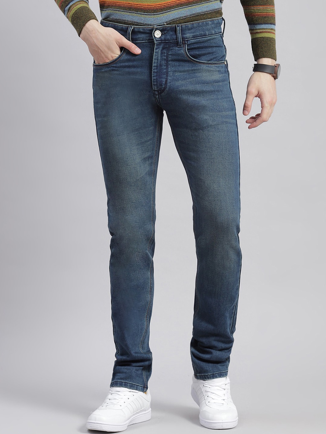 

Monte Carlo Men Mid-Rise Heavy Fade Clean Look Jeans, Blue