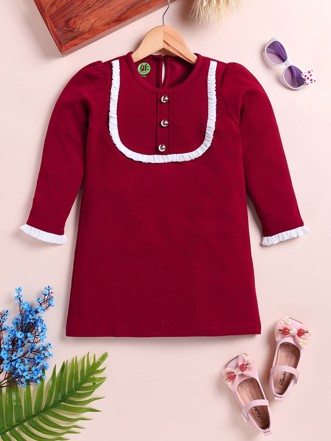 

YK Girls Round Neck A-Line Dress, Maroon