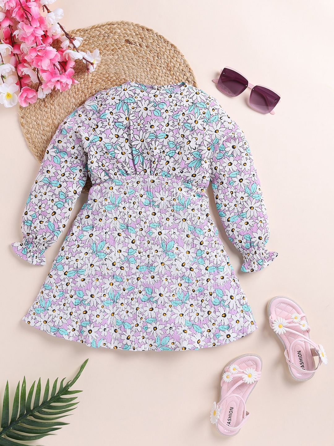 

YK Girls Floral Printed Puff Sleeve A-Line Dress, Purple