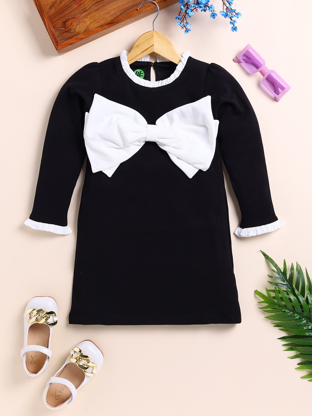 

YK Girls Knee Length A-Line Dress With Bow, Black