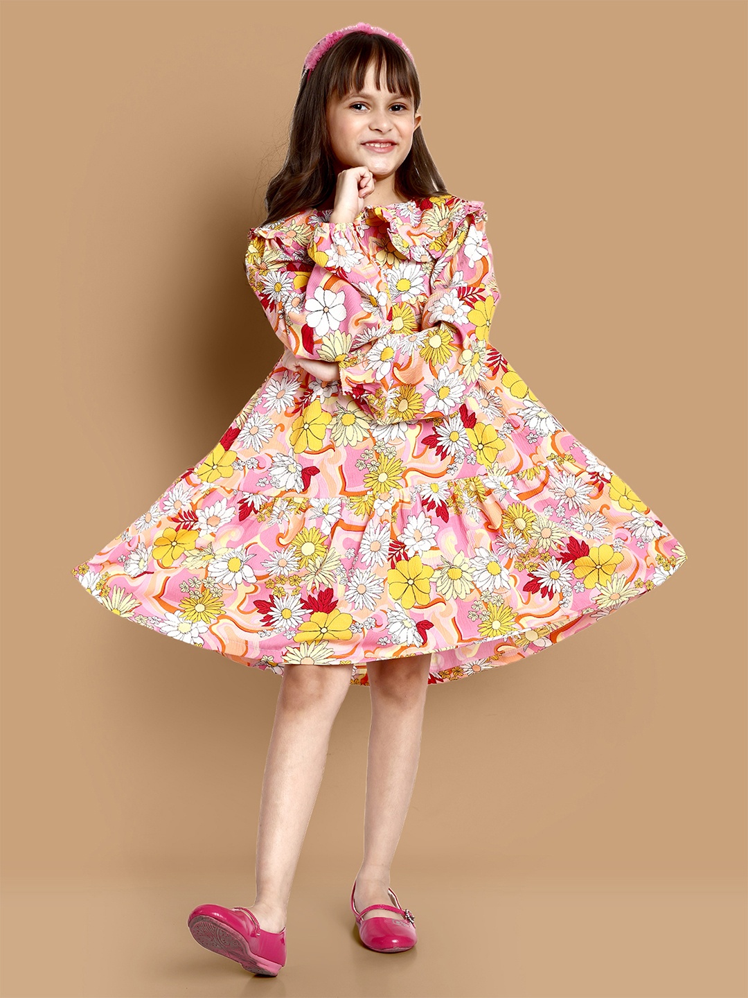 

YK Girls Floral Printed Tie-Up Neck Puff Sleeve A-Line Dress, Pink