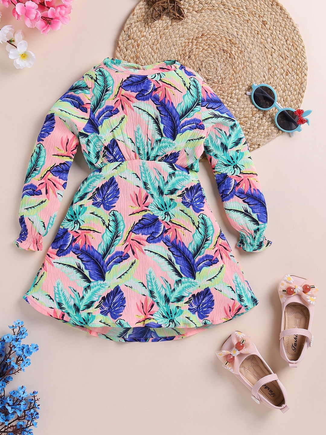 

YK Girls Floral Printed Puff Sleeve A-Line Dress, Blue