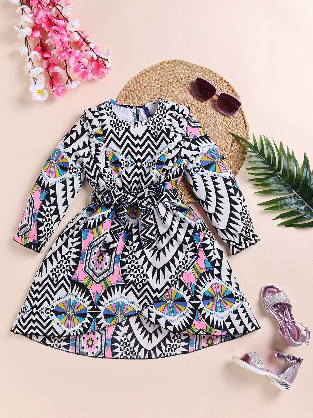 

YK Girls Floral Printed Tie-Ups Midi A-Line Dress, Black