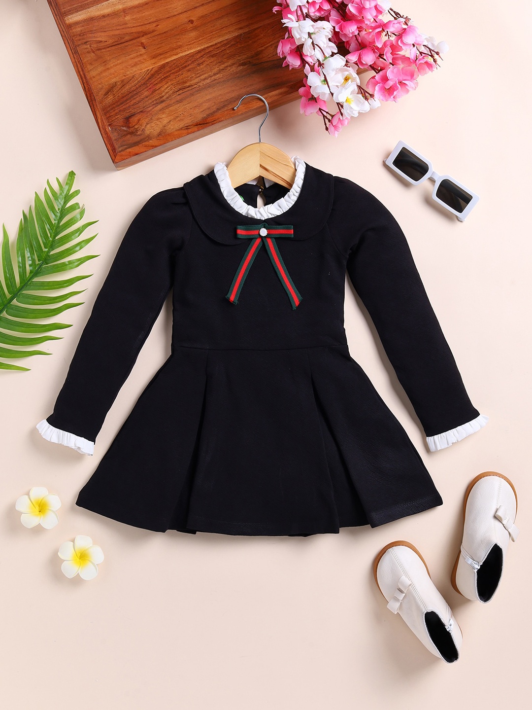 

YK Peter Pan Collar Fit & Flare Dress, Black