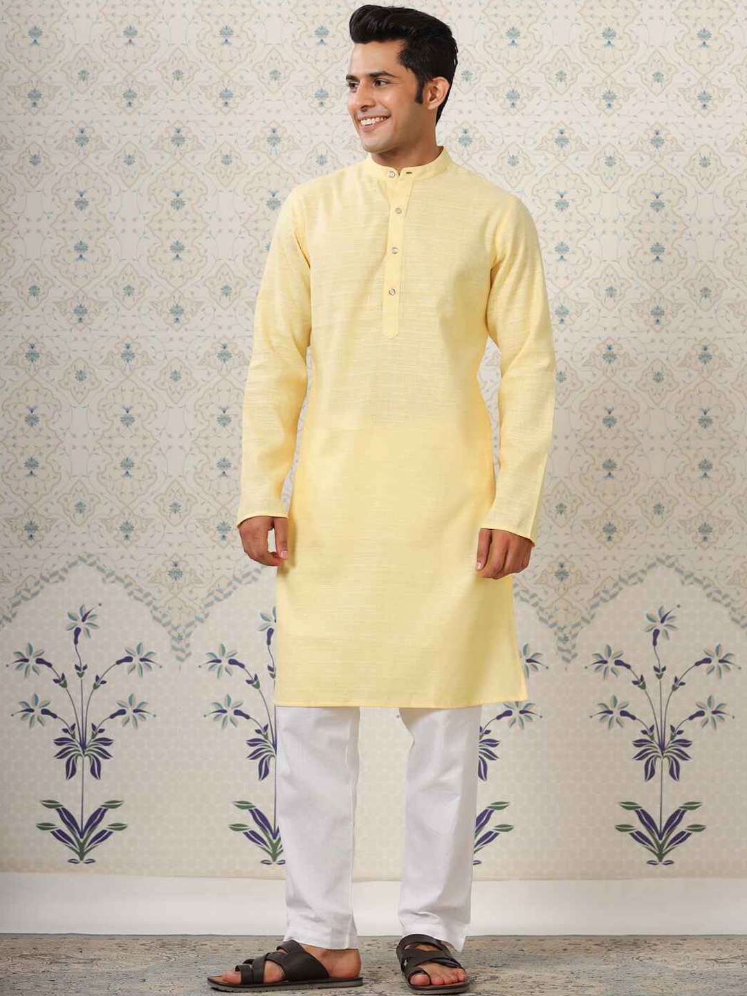 

Ode by House of Pataudi Band Collar Pure Cotton Regular Kurta with Trousers, Yellow