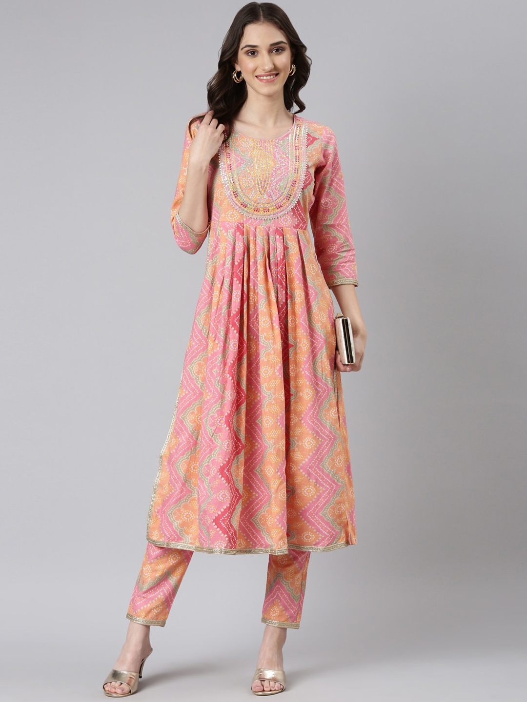 

KALINI Bandhani Printed Pure Cotton Kurta with Trousers, Peach