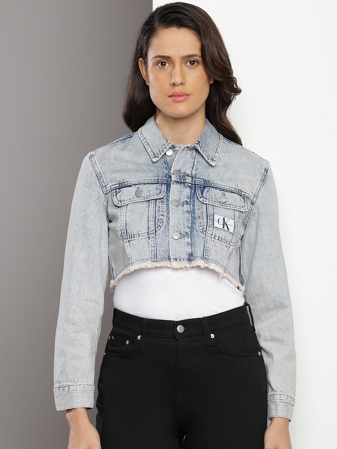 

Calvin Klein Washed Spread Collar Cotton Crop Denim Jacket, Blue