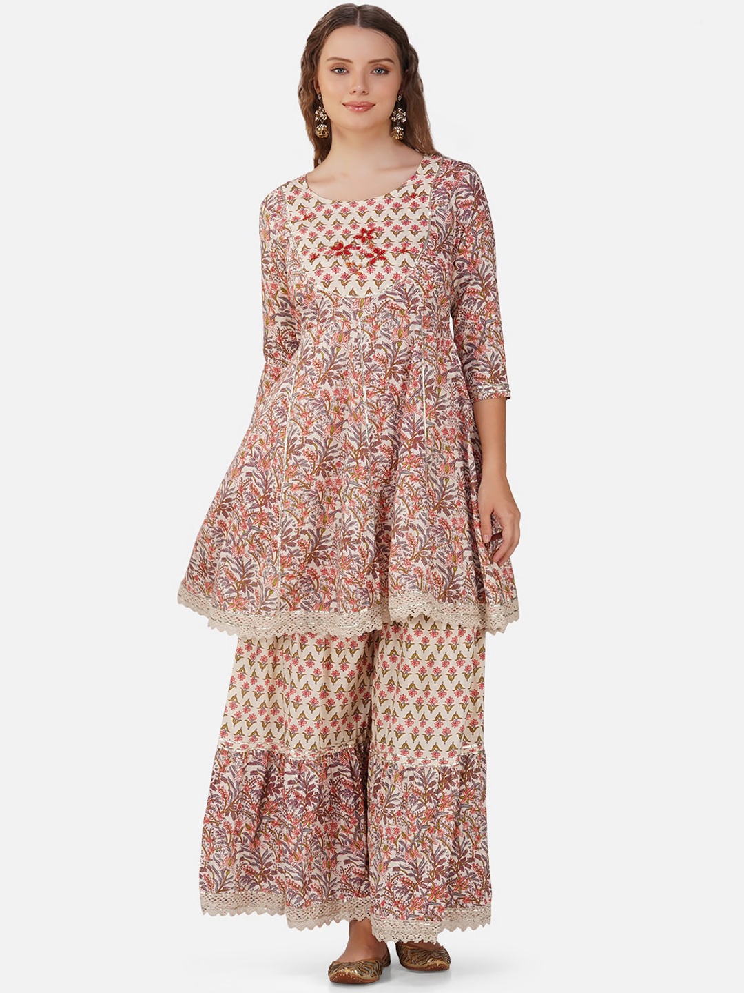

Charitra Ethnic Motifs Printed Empire Gotta Patti Kurta With Sharara, White