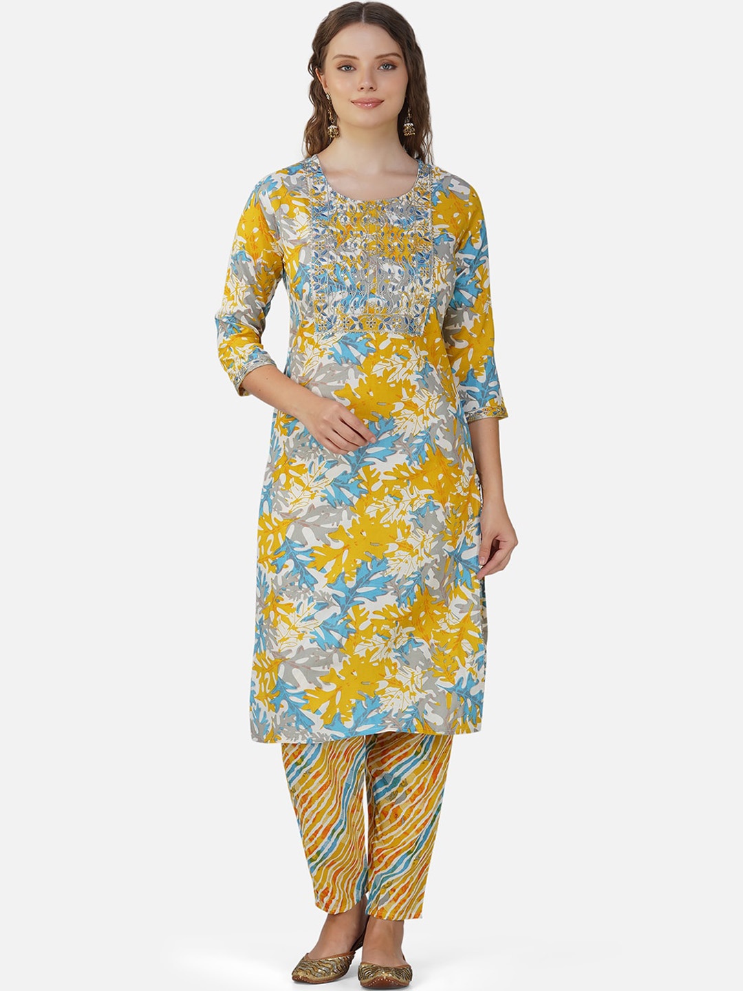 

Charitra Floral Printed Thread Work Kurta with Trousers, Mustard