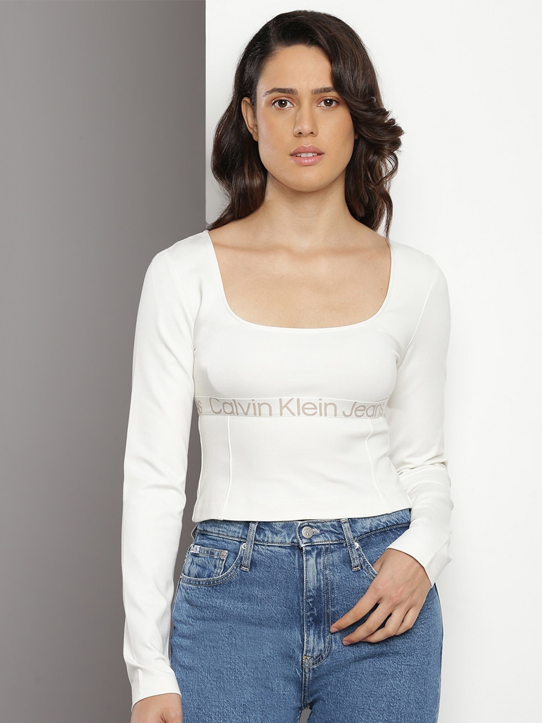 

Calvin Klein Typography Printed Scoop Neck Fitted Top, Off white