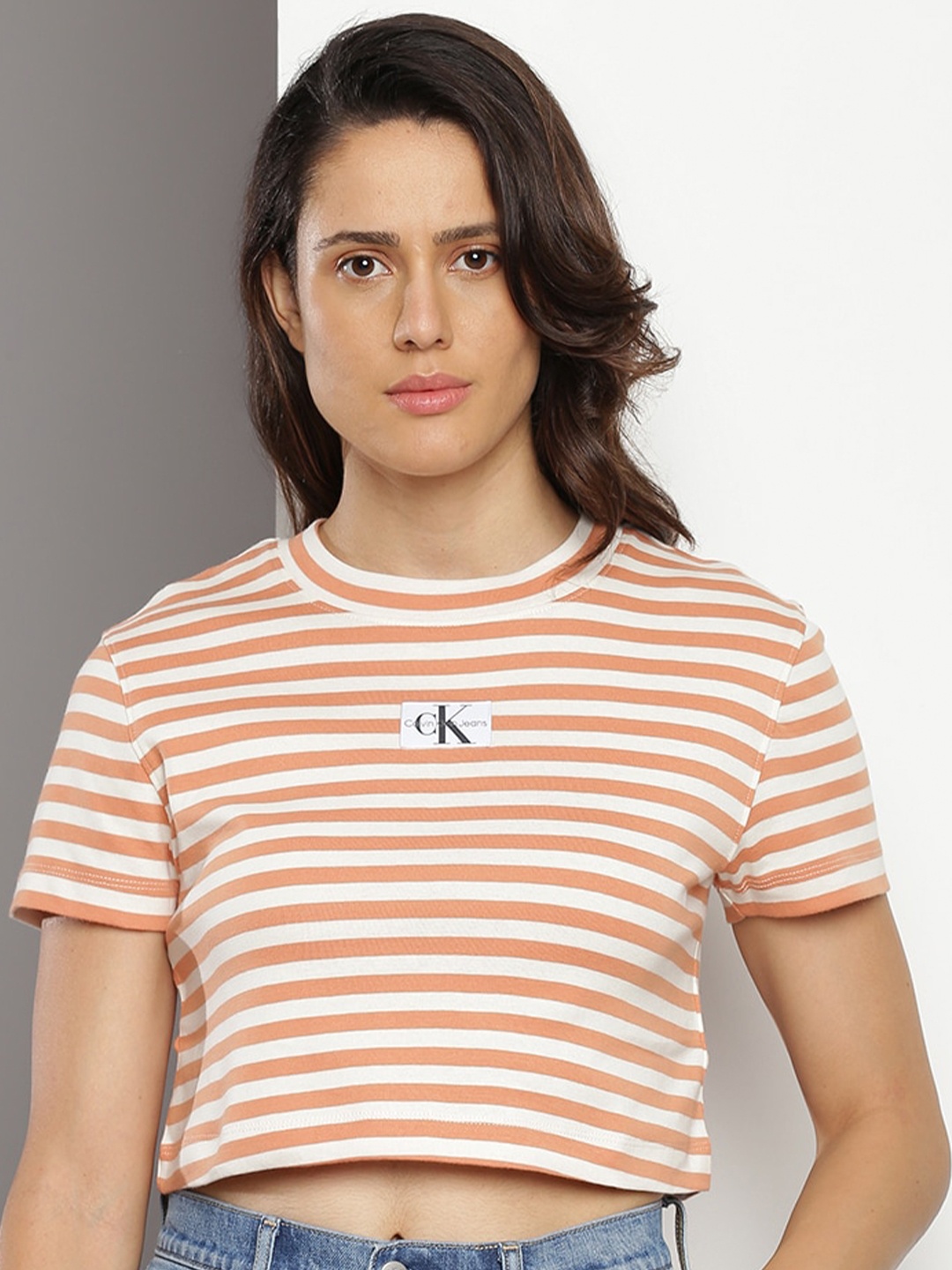 

Calvin Klein Striped Cotton Crop T-shirt, White