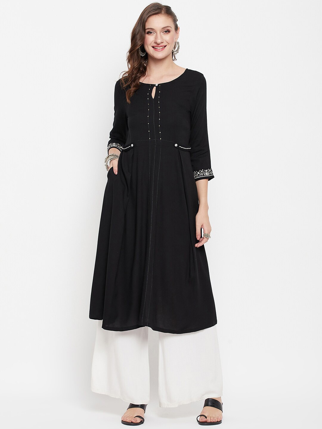 

Cantabil Keyhole Neck Thread Work A-Line Kurta, Black