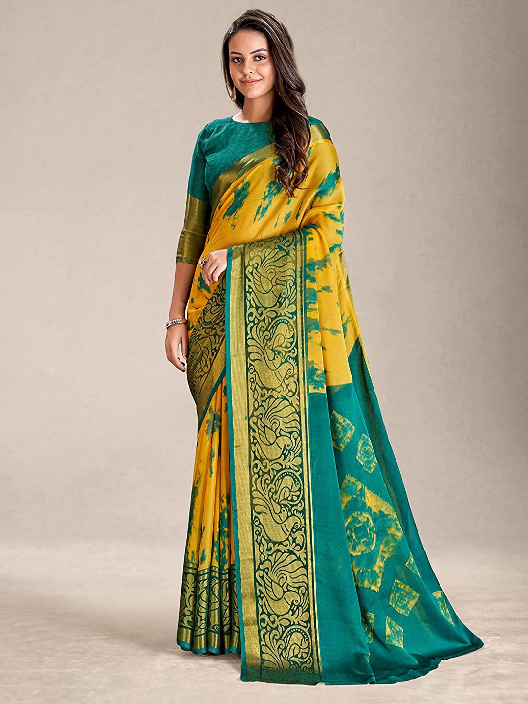 

KALINI Abstract Printed Zari Pure Chiffon Saree, Yellow