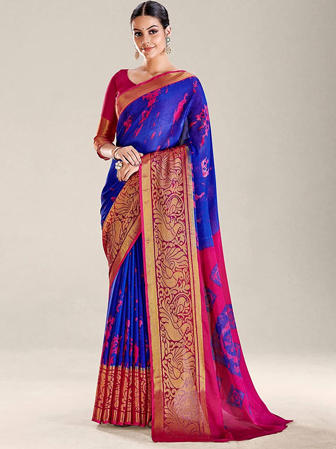 

KALINI Abstract Printed Zari Detail Saree, Navy blue
