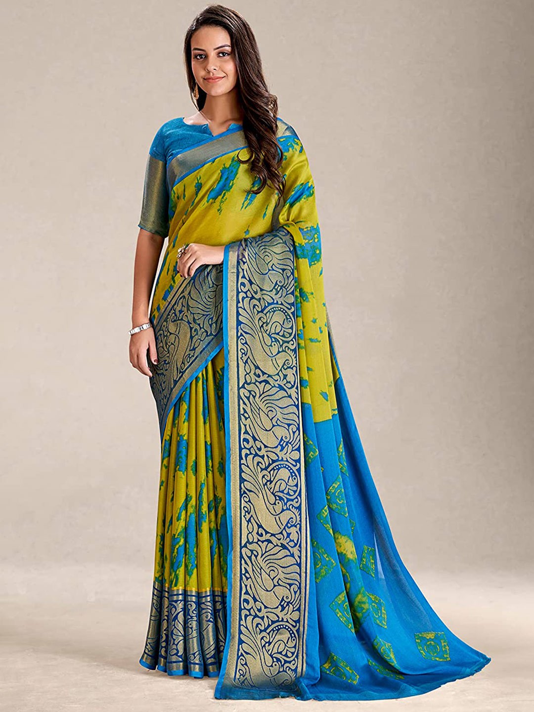

KALINI Abstract Printed Zari Pure Chiffon Saree, Green