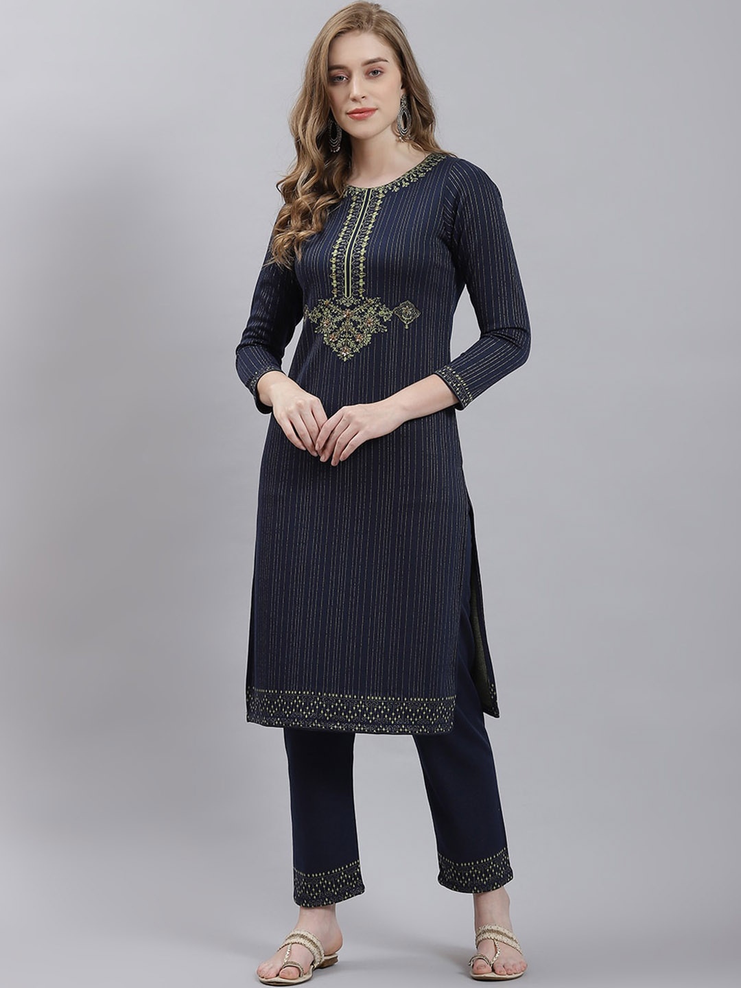 

Monte Carlo Striped Regular Thread Work Straight Kurta with Trousers, Navy blue