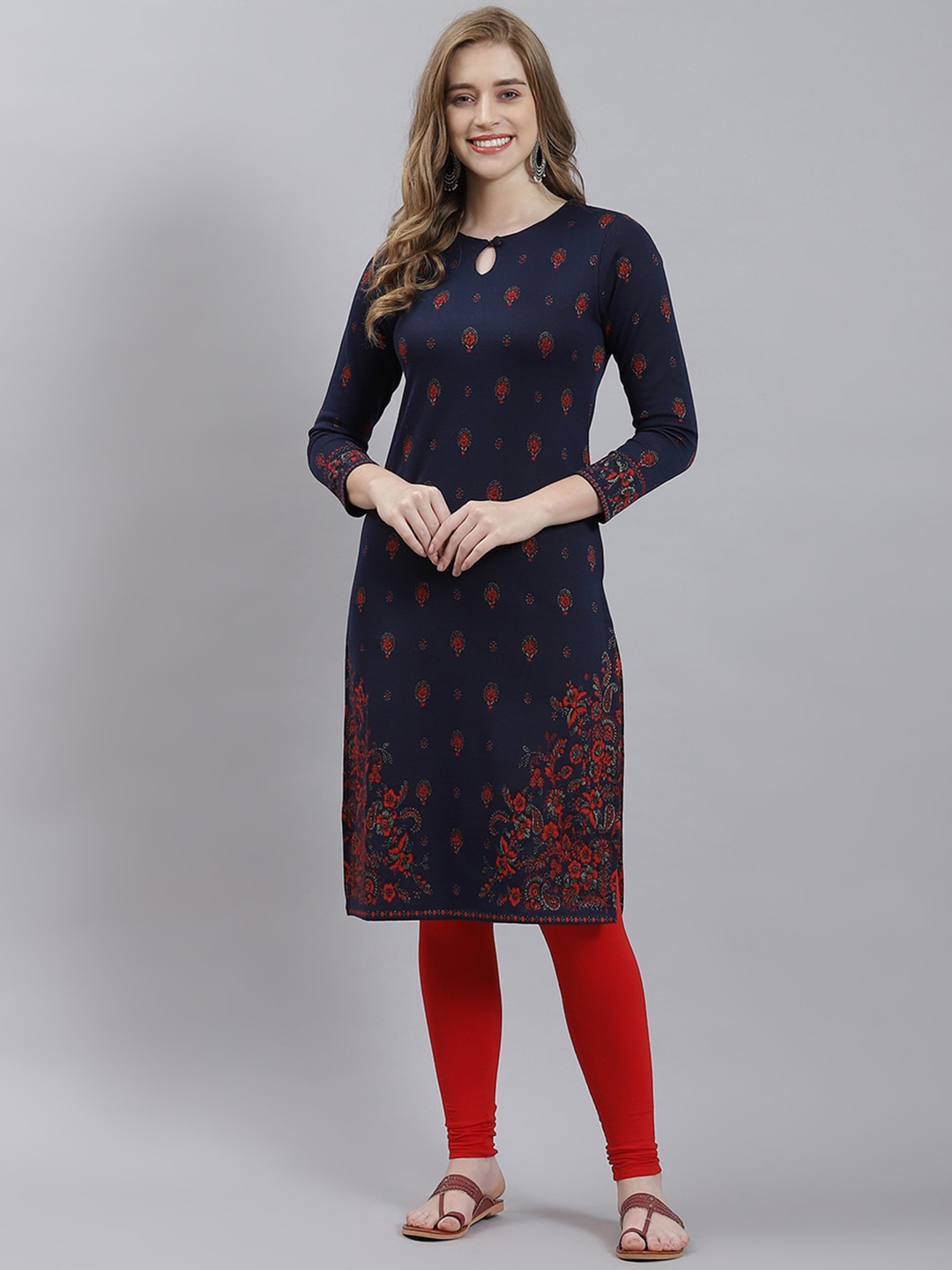 

Monte Carlo Floral Printed Wool Keyhole Neck Kurta, Navy blue