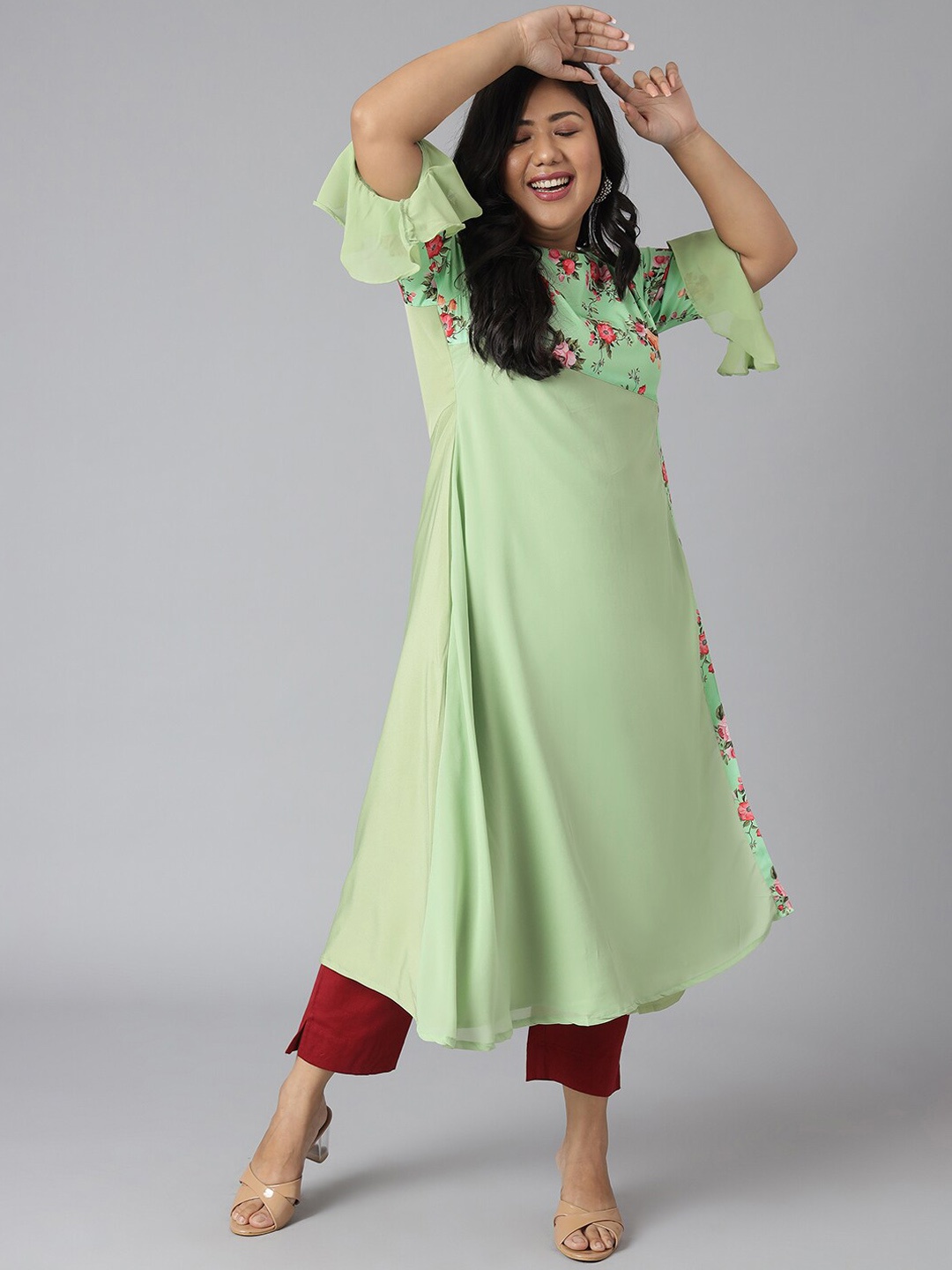

XL LOVE by Janasya Plus Size Floral Yoke Design Bell Sleeves A-Line Kurta, Green
