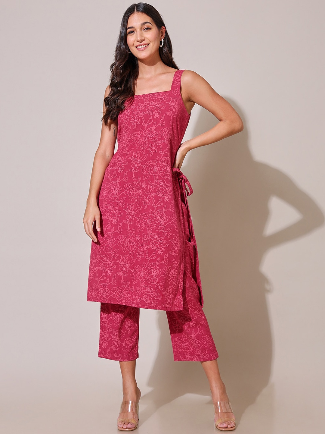 

Saaki Floral Printed Square Neck Shoulder Straps Pure Cotton Straight Kurta With Trousers, Pink