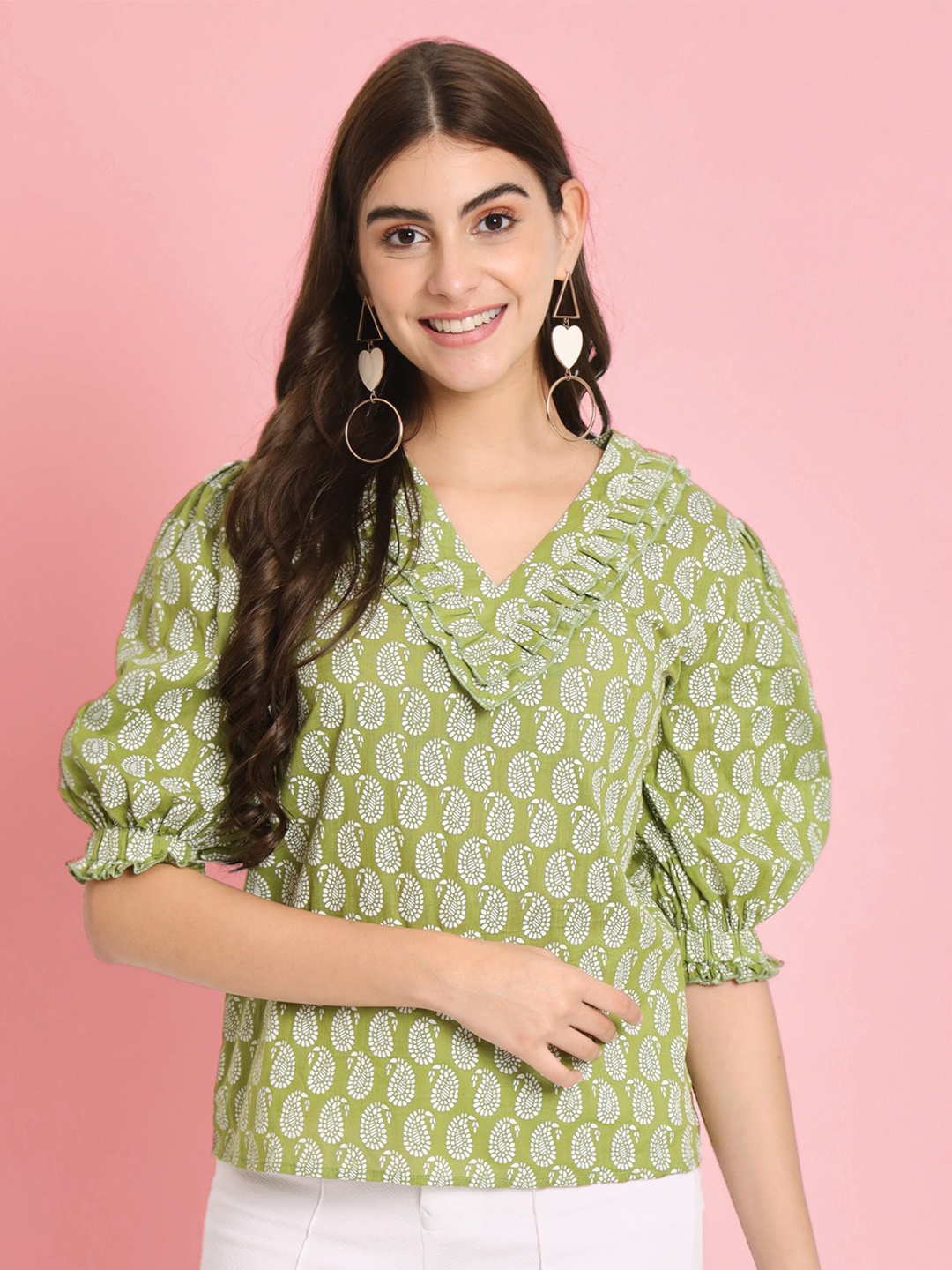 

CHARMGAL Paisley Printed V-Neck Puff Sleeve Cotton Top, Green