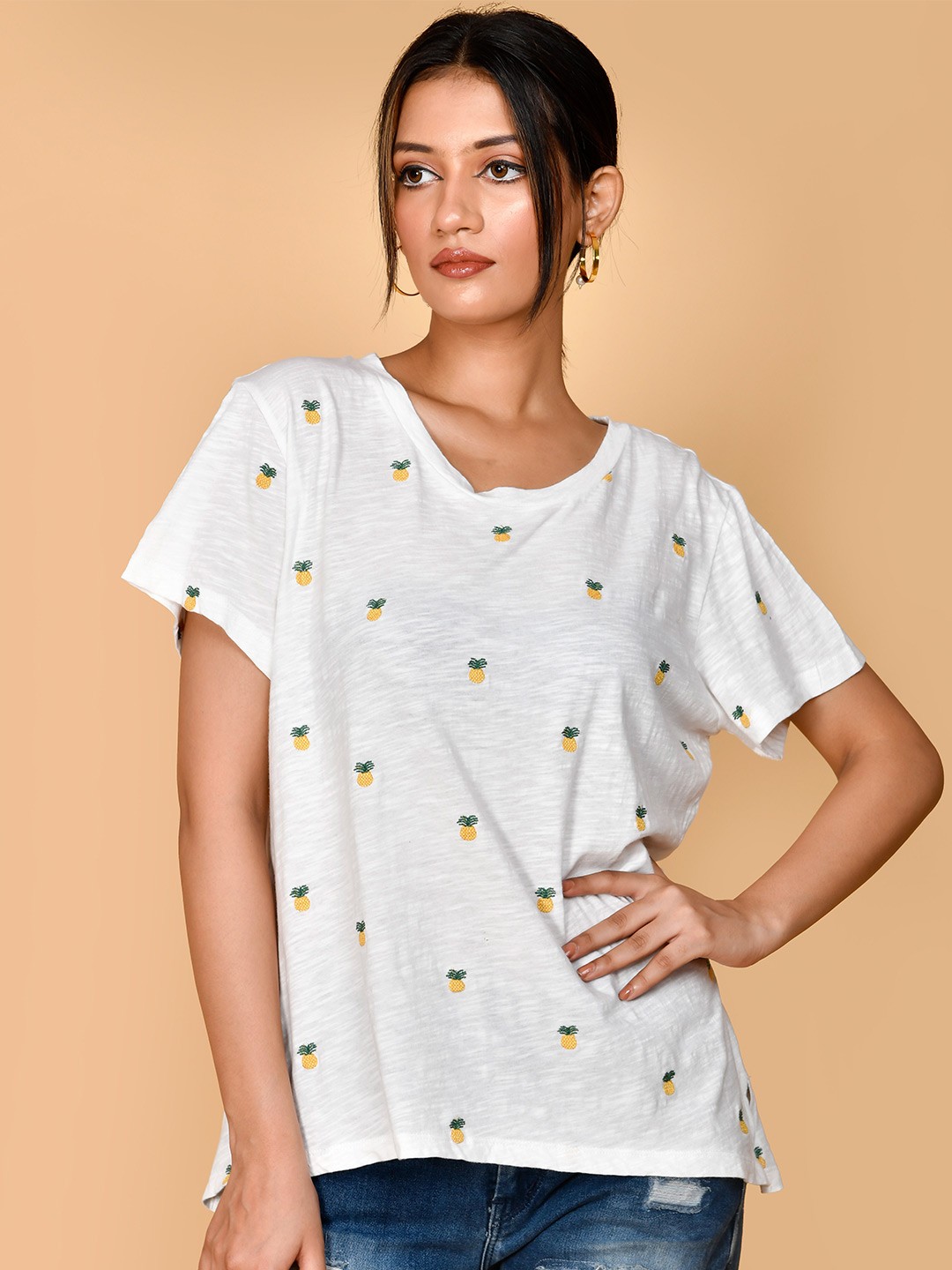 

BAESD Conversational Printed Round Neck Cotton T-Shirt, White
