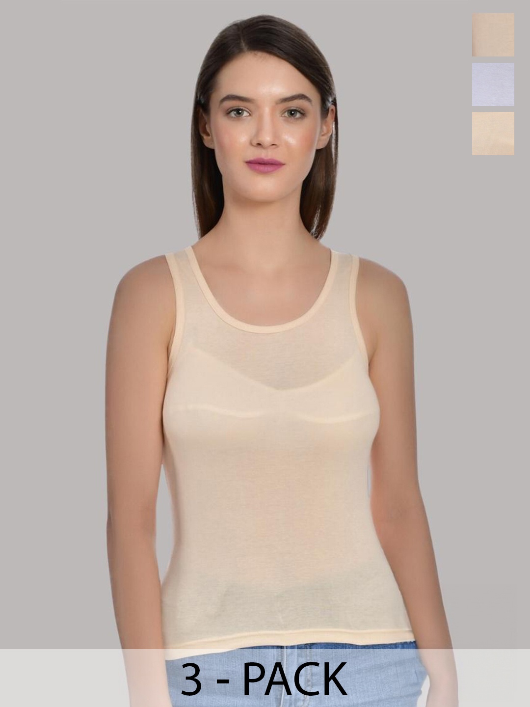 

Aimly Pack Of 3 Solid Cotton T-Back Camisoles, Beige