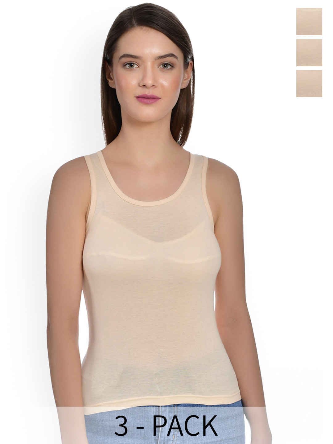 

Aimly Pack Of 3 Non Padded Cotton Camisoles, Beige