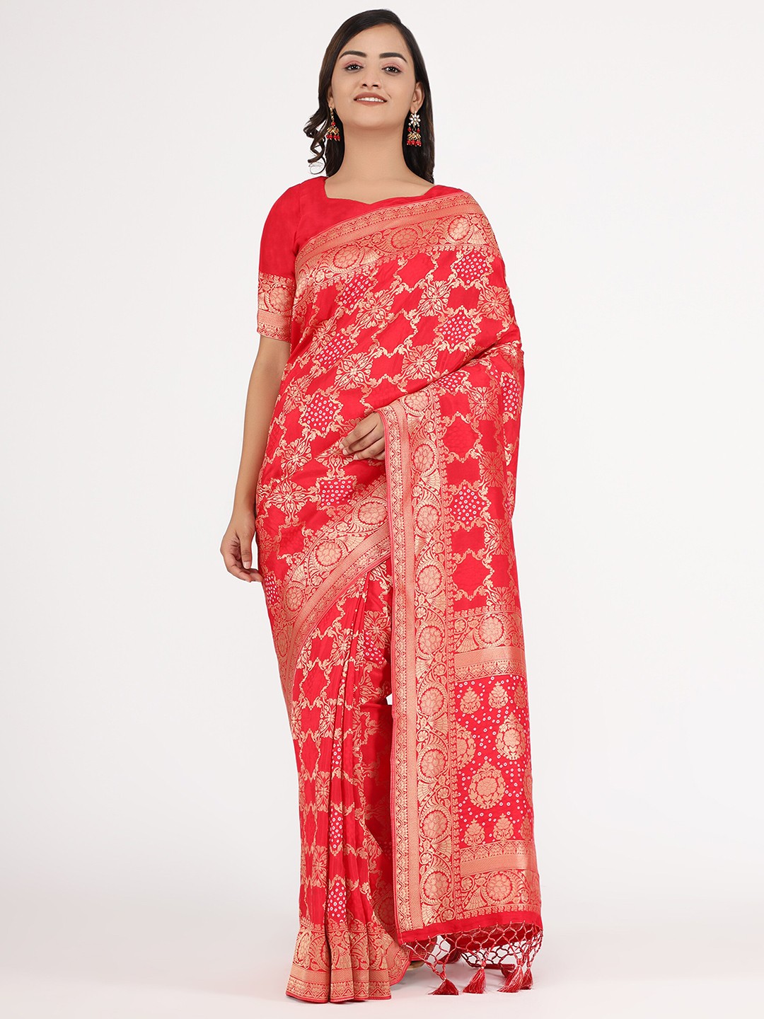 

YAVIRA SILK Ethnic Motifs Woven Design Zari Saree, Red