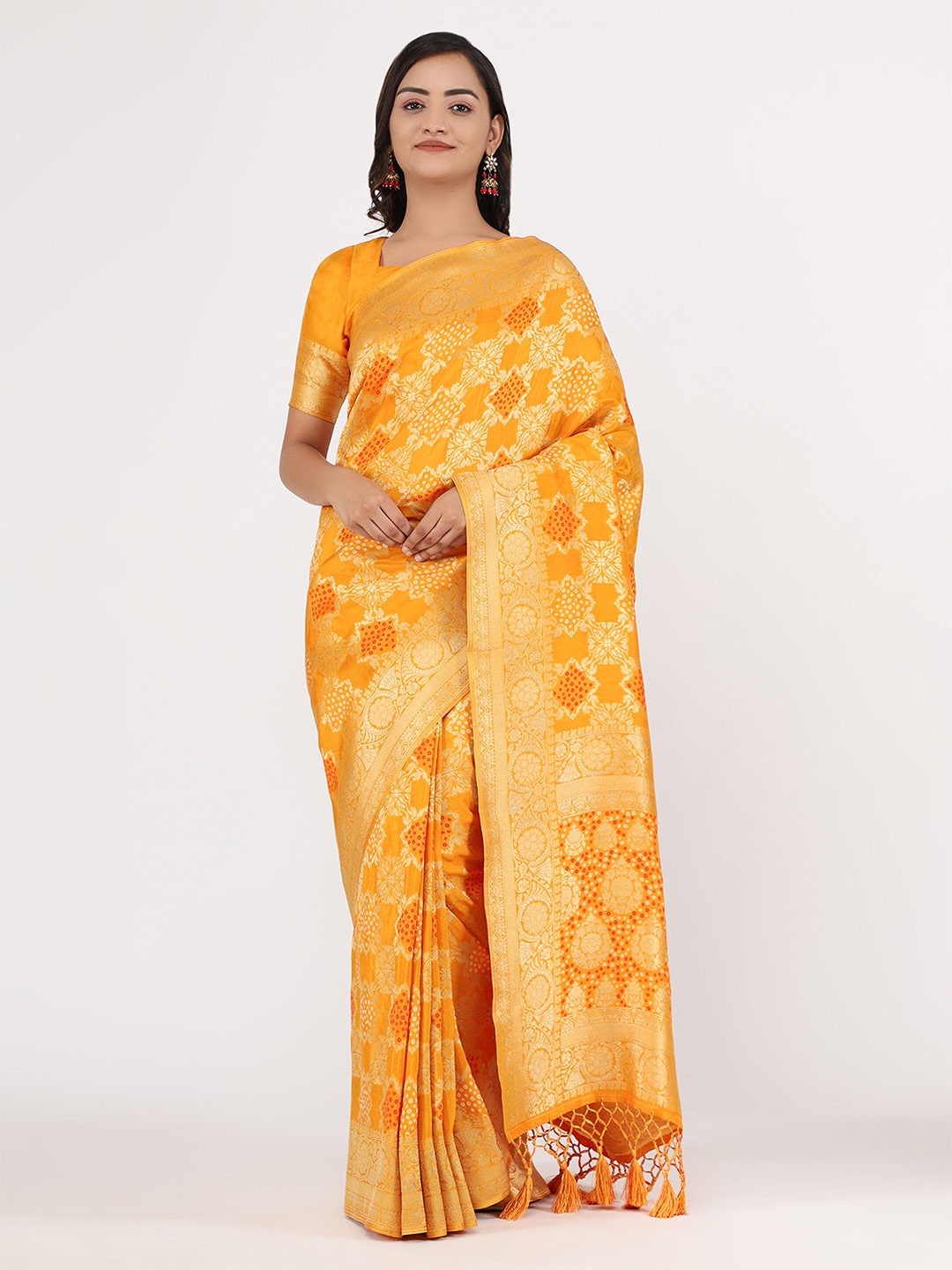 

YAVIRA SILK Ethnic Motifs Woven Design Zari Bandhani Saree, Mustard