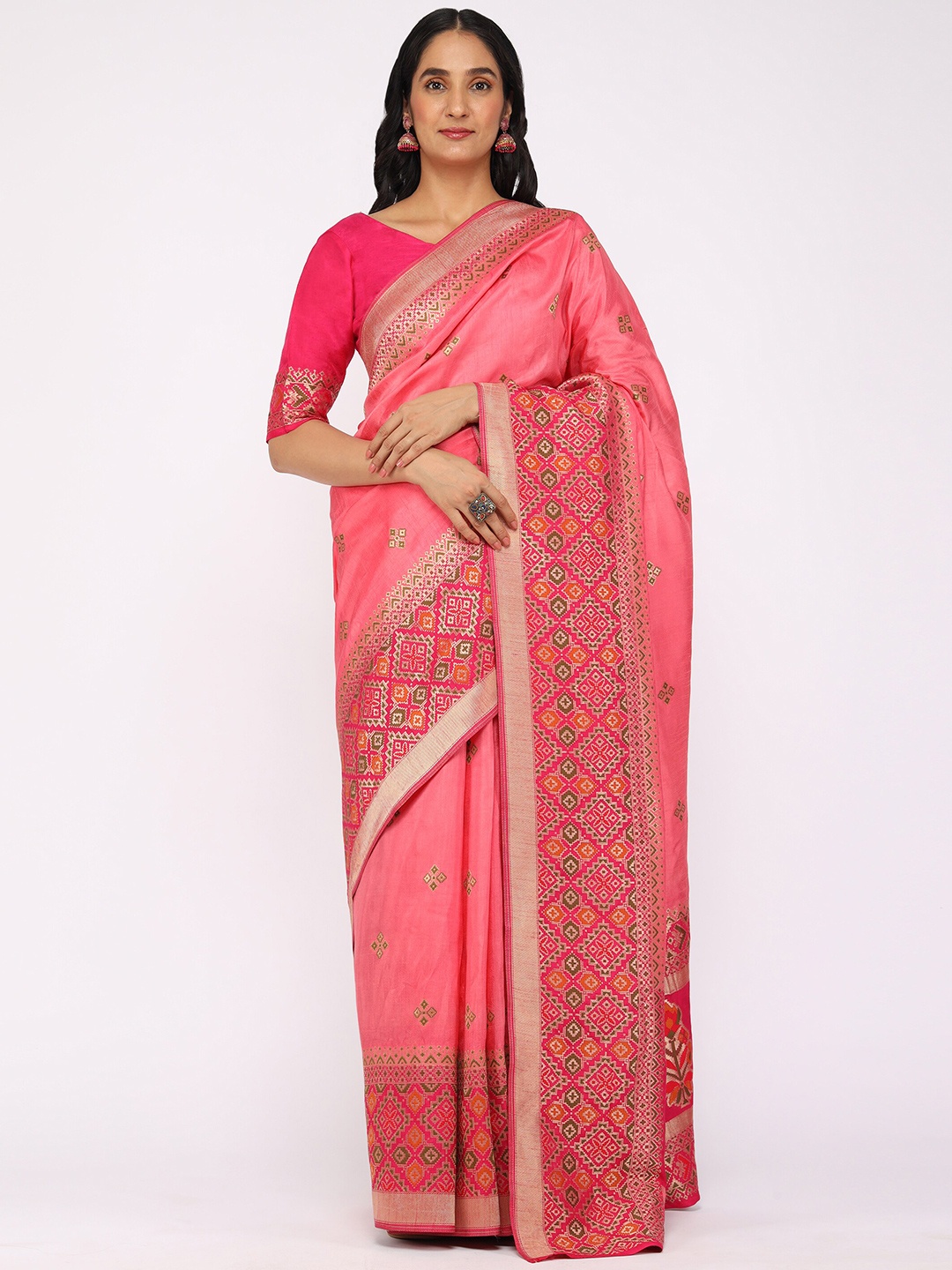 

YAVIRA SILK Ethnic Motifs Woven Design Zari Detail Saree, Pink