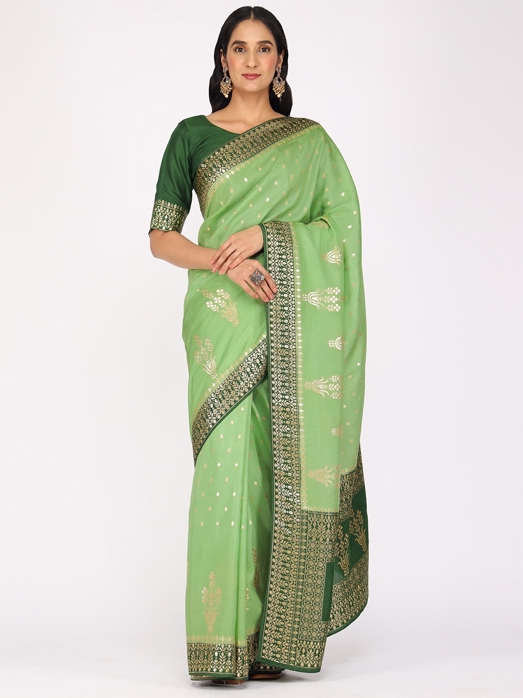 

YAVIRA SILK Ethnic Motifs Printed Zari Banarasi Saree, Green