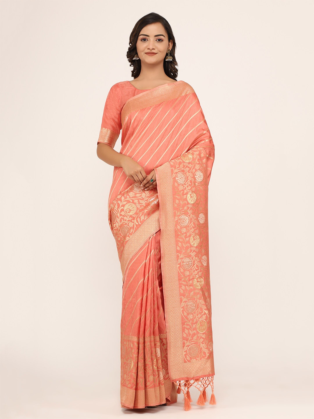 

YAVIRA SILK Leheriya Woven Design Zari Saree, Peach
