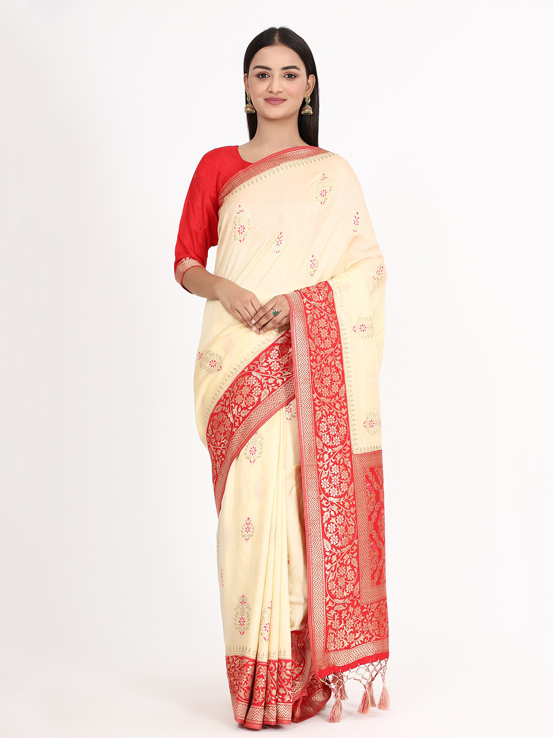 

YAVIRA SILK Ethnic Motif Woven Design Zari Maheshwari Saree, Cream