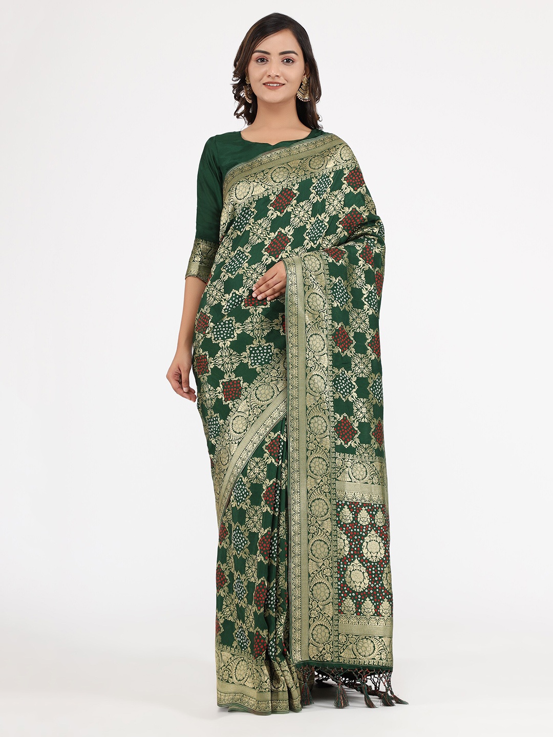 

YAVIRA SILK Woven Design Zari Bandhani Saree, Green