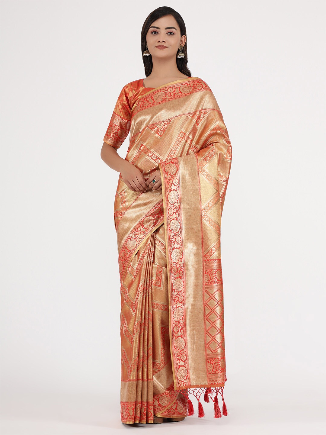 

YAVIRA SILK Ethnic Motifs Woven Design Zari Kanjeevaram Saree, Red