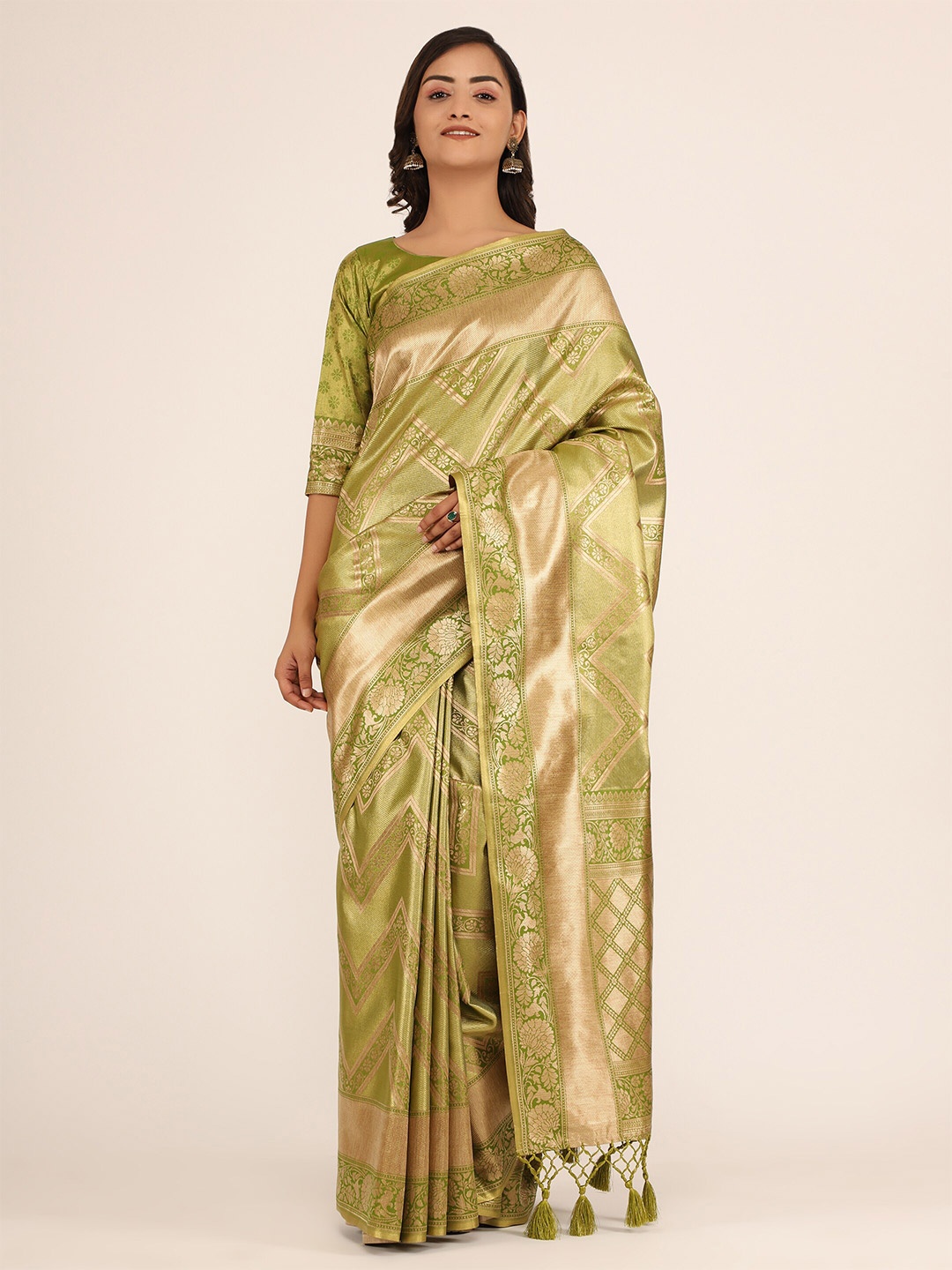 

YAVIRA SILK Woven Design Zari Kanjeevaram Saree, Olive