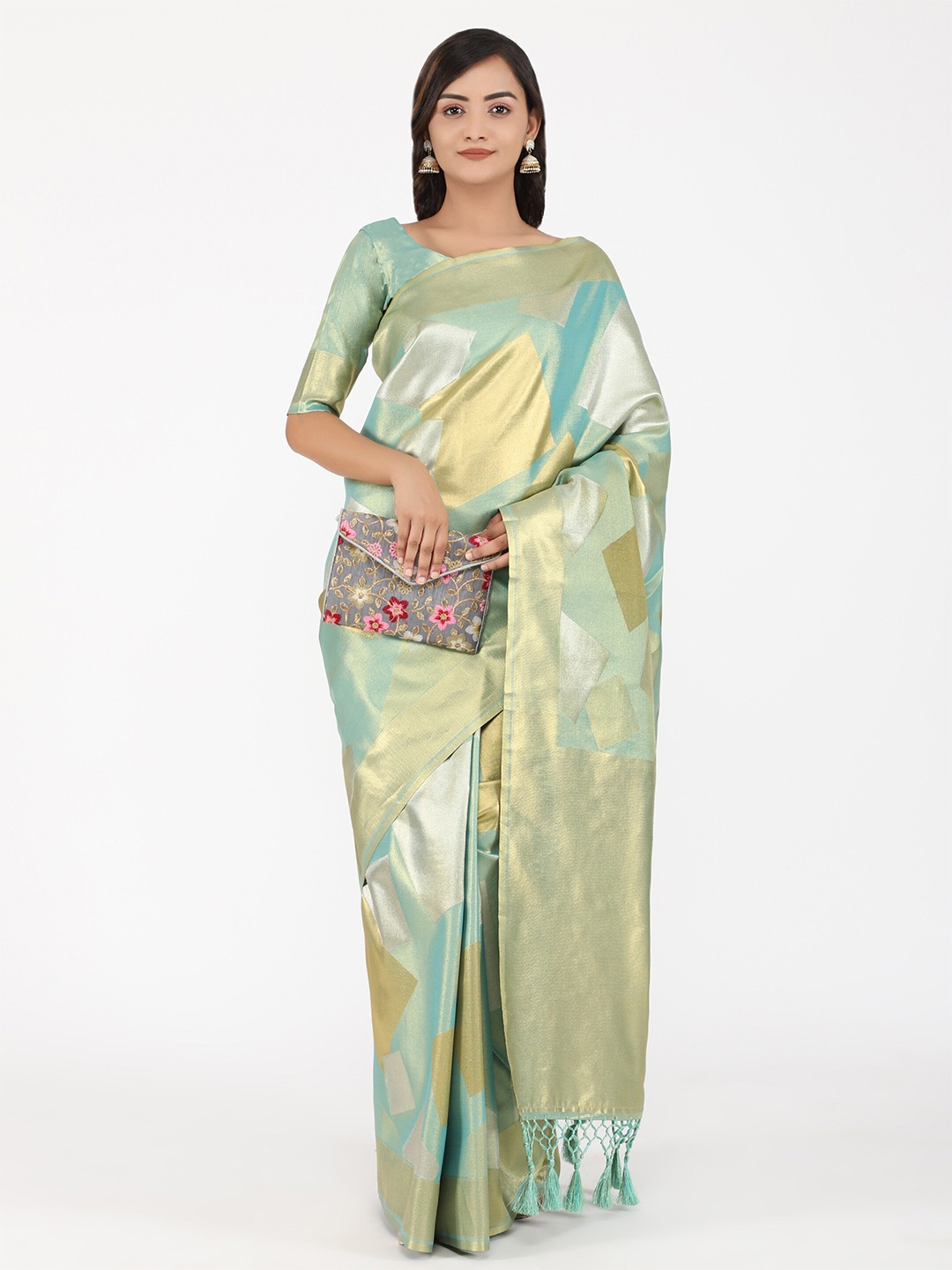 

YAVIRA SILK Geometric Woven Design Zari Detail Kanjeevaram Saree, Blue