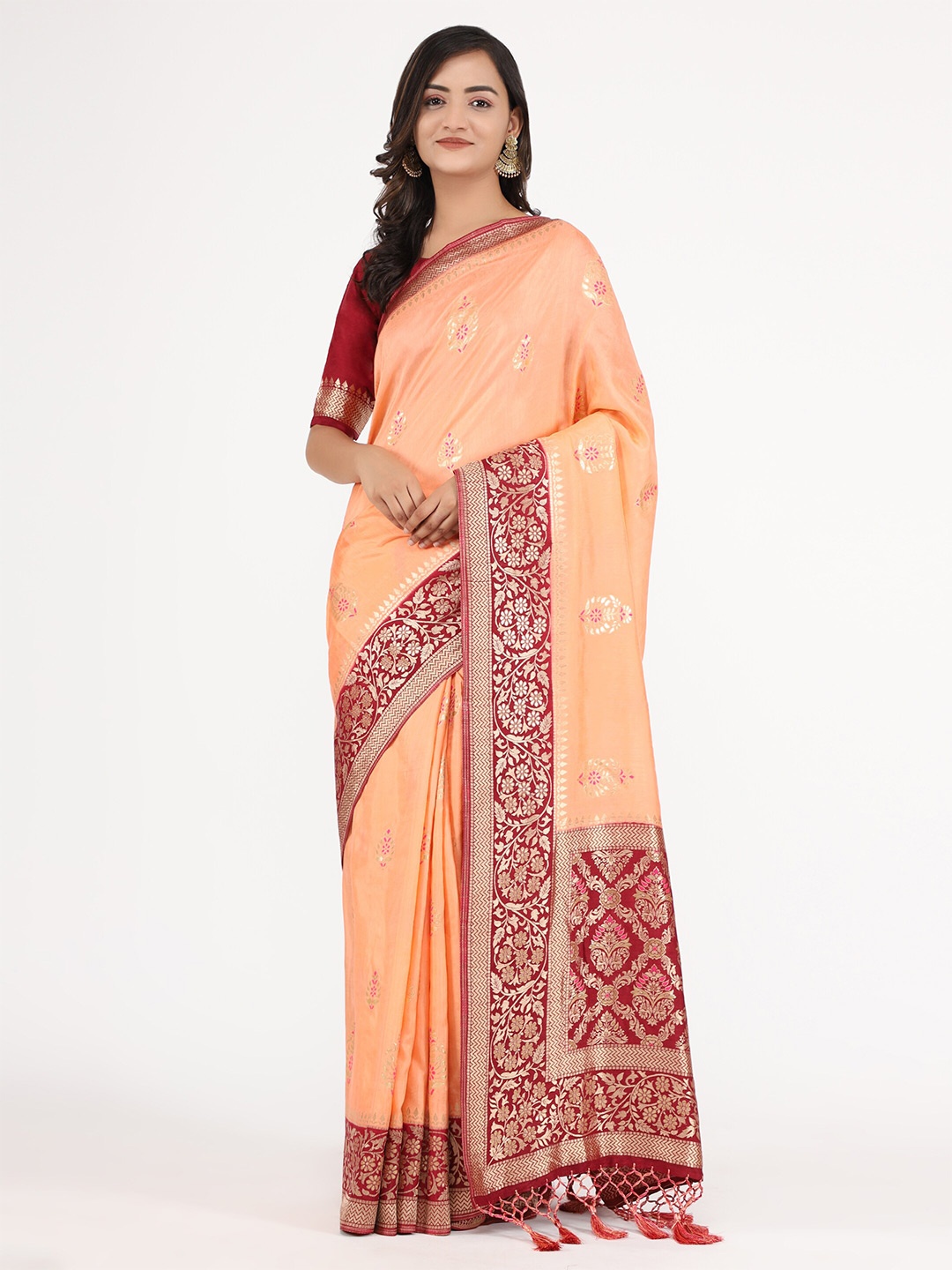 

YAVIRA SILK Ethnic Motifs Woven Design Zari Maheshwari Saree, Peach