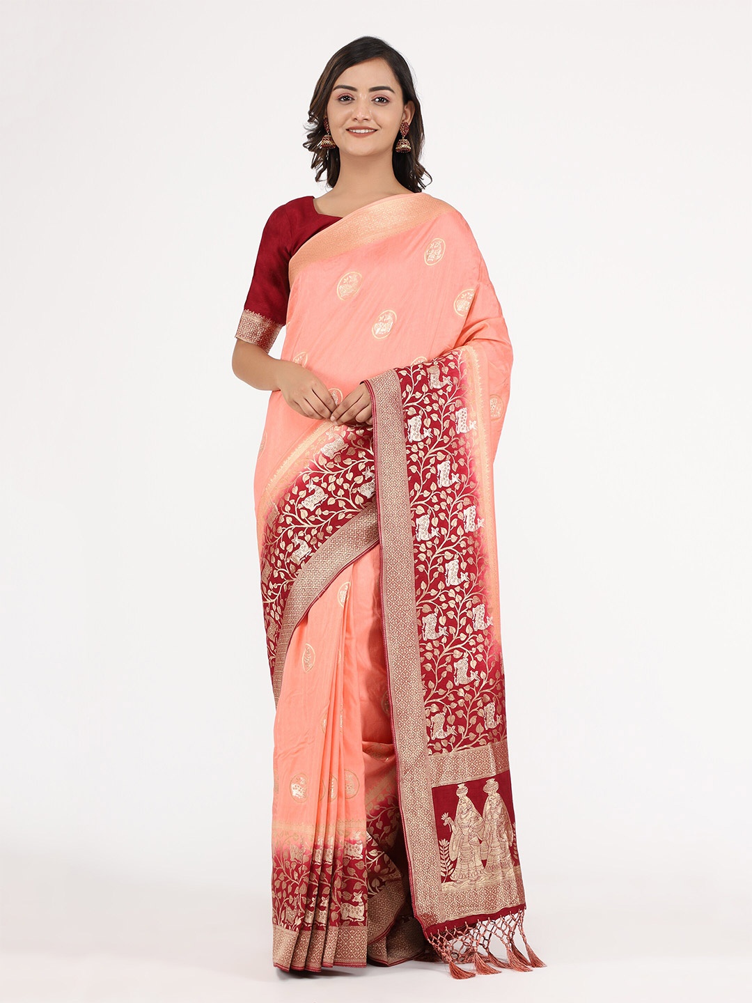 

YAVIRA SILK Ethnic Motifs Woven Design Zari Saree, Peach