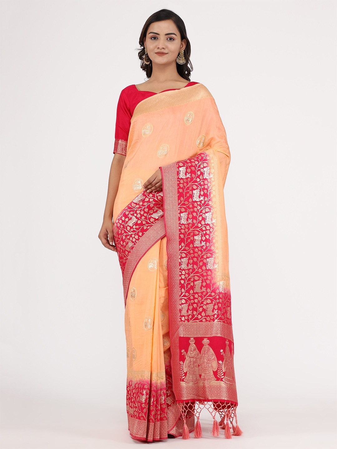 

YAVIRA SILK Ethnic Motifs Woven Design Zari Saree, Pink