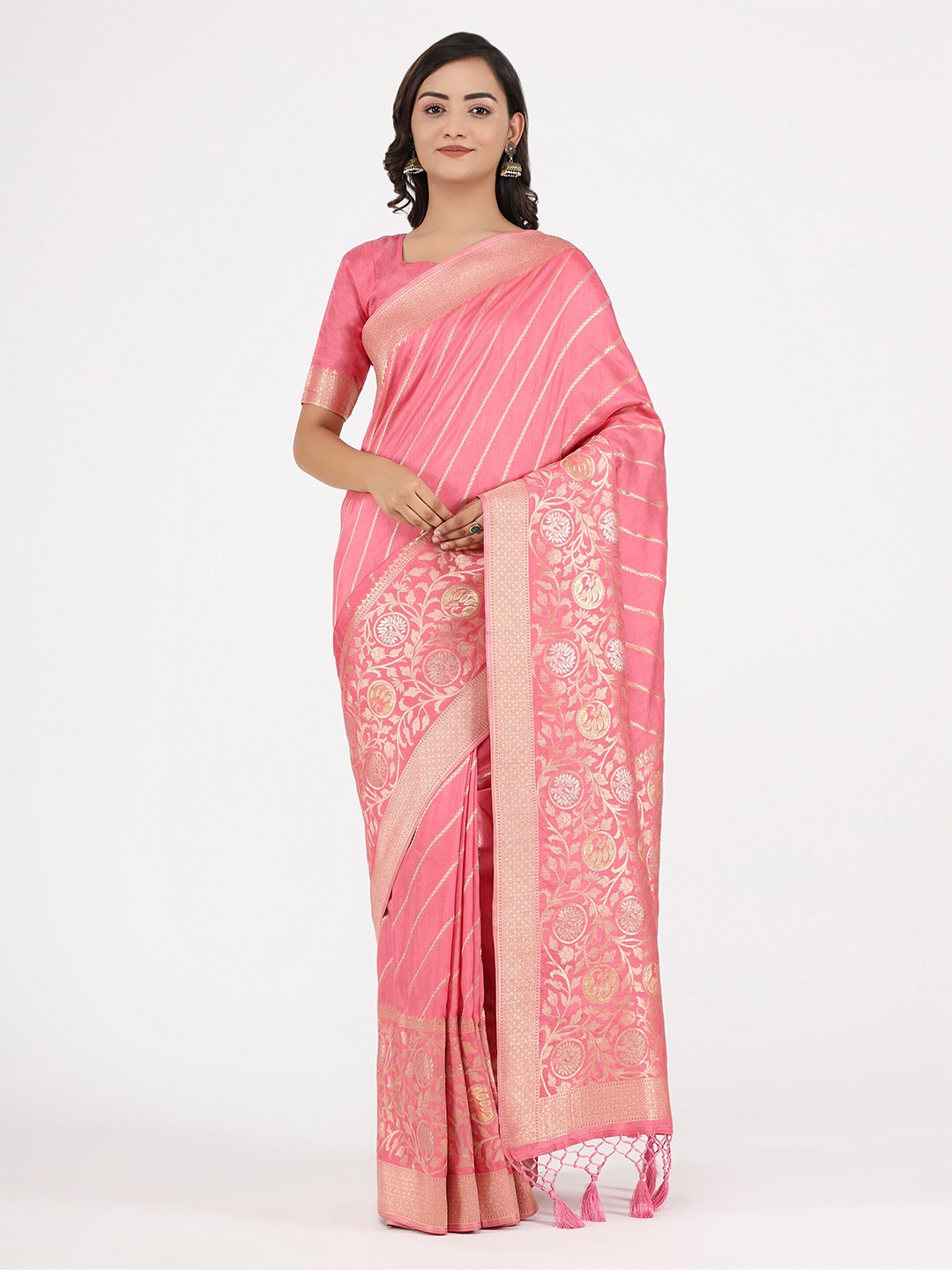 

YAVIRA SILK Ethnic Motifs Woven Design Zari Saree, Pink