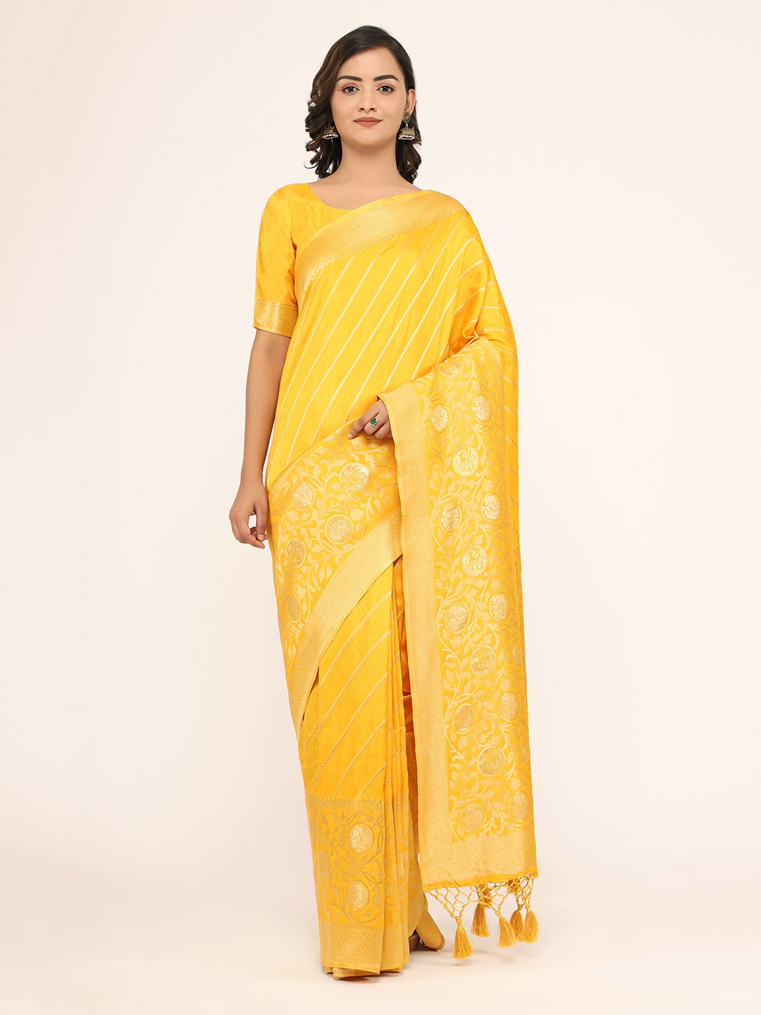 

YAVIRA SILK Ethnic Motifs Woven Design Zari Saree, Yellow