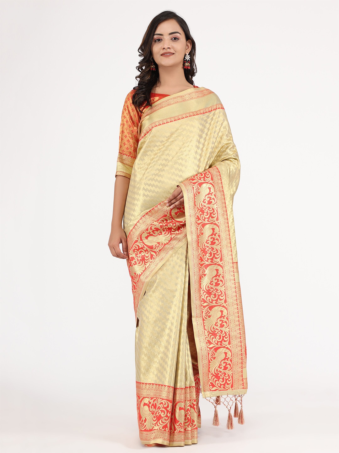 

YAVIRA SILK Woven Design Zardozi Kanjeevaram Saree, Cream