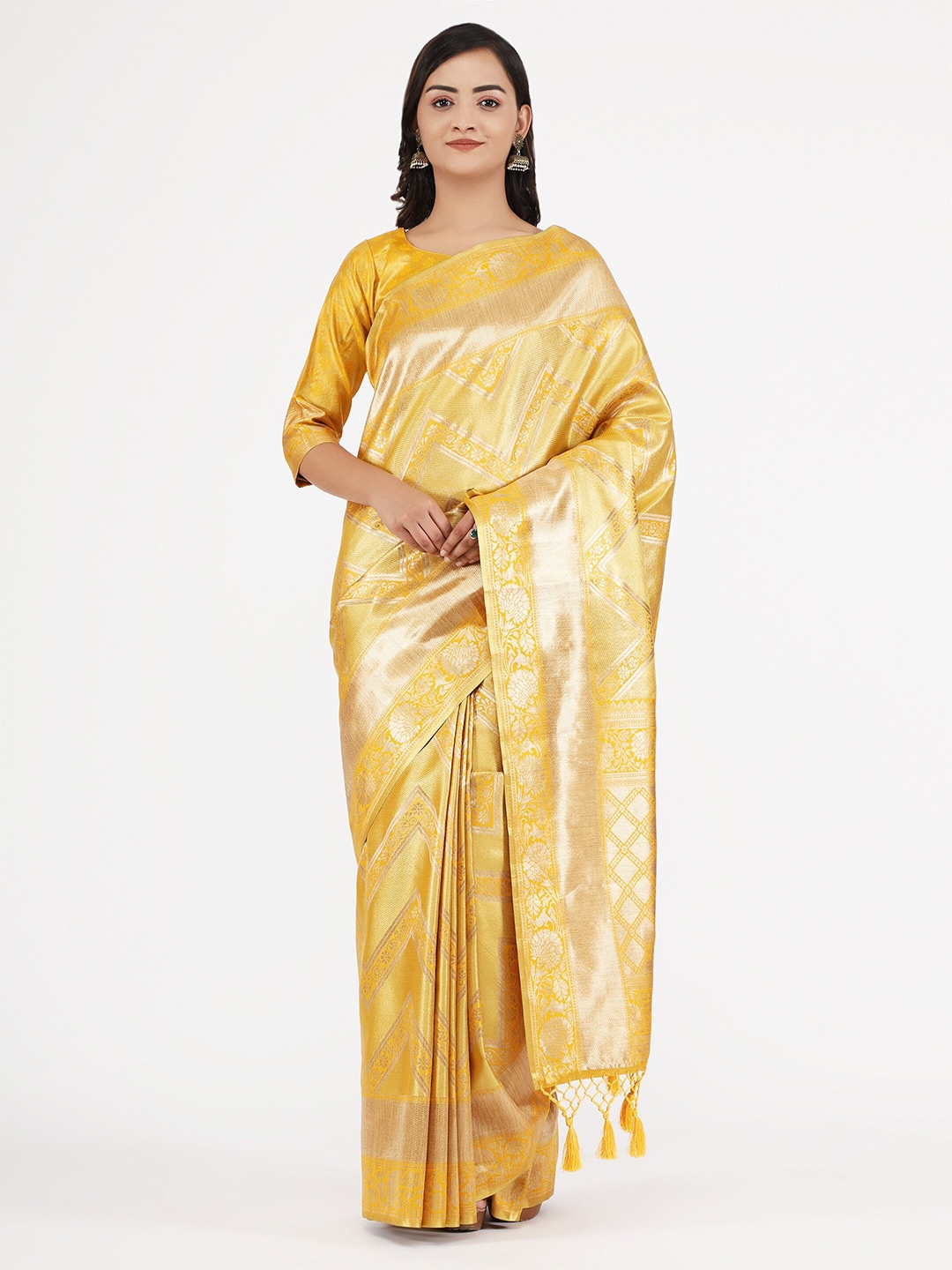 

YAVIRA SILK Ethnic Motifs Woven Design Zari Kanjeevaram Saree, Yellow