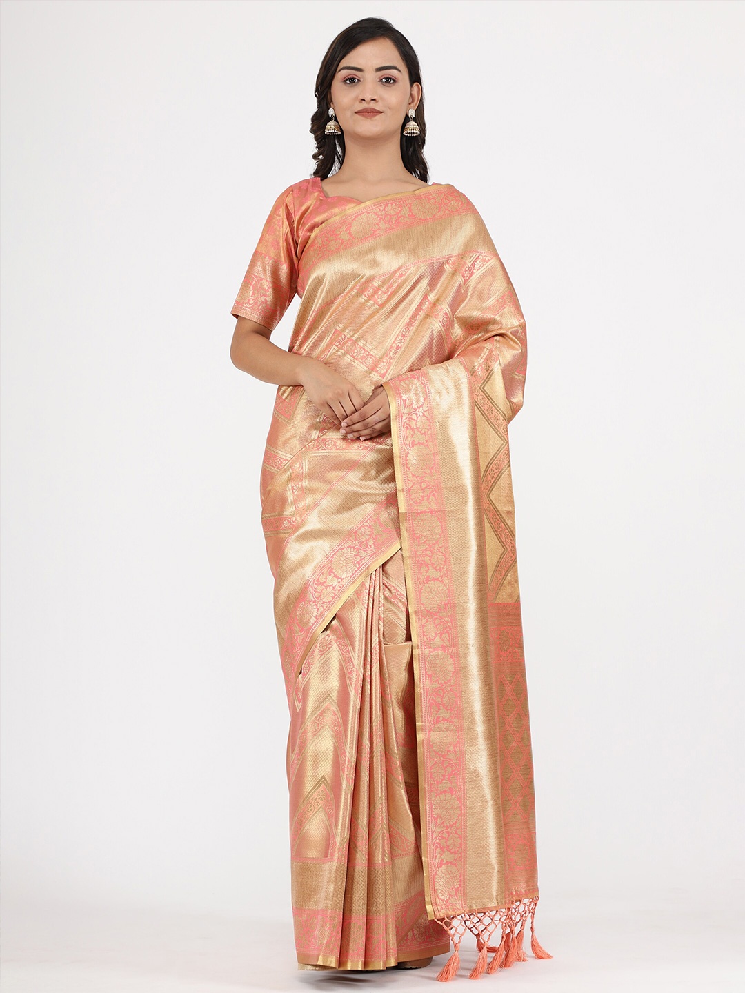 

YAVIRA SILK Ethnic Motifs Woven Design Zari Kanjeevaram Saree, Peach