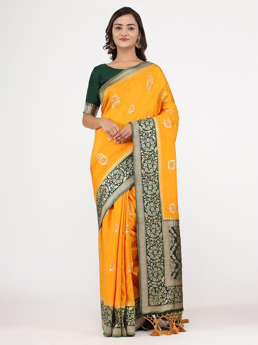 

YAVIRA SILK Ethnic Motifs Woven Design Zari Maheshwari Saree, Mustard