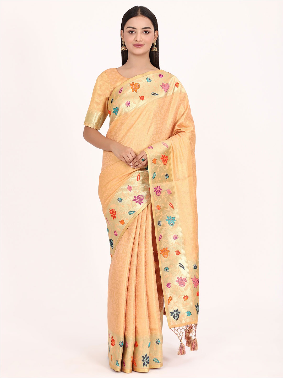 

YAVIRA SILK Ethnic Motifs Woven Design Zari Kanjeevaram Saree, Peach
