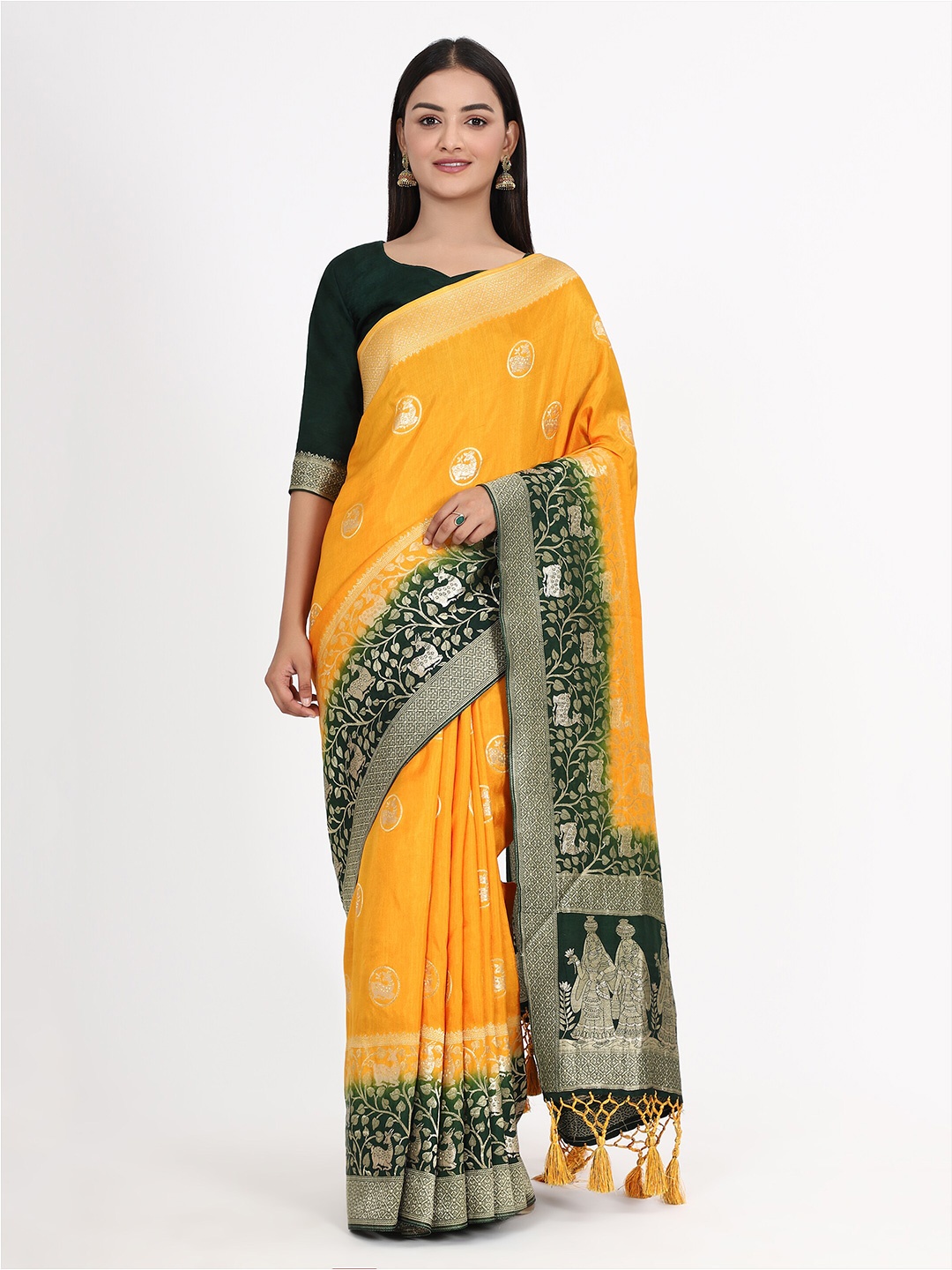 

YAVIRA SILK Ethnic Motifs Woven Design Zari Maheshwari Saree, Yellow